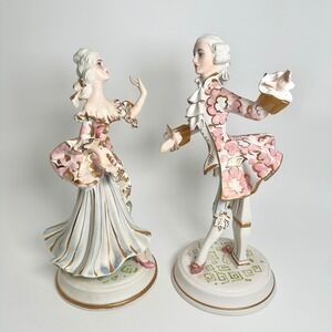 Vintage Italy Porcelain Figurines Rococo Pink Gold Regency 10" Courting Couple
